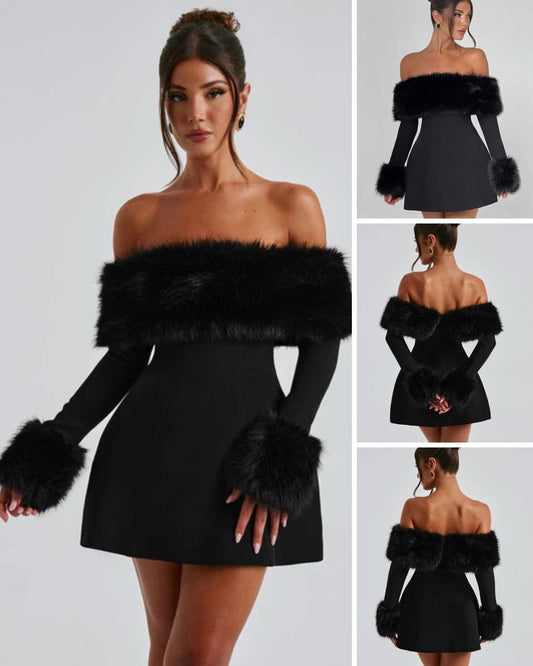 Black Fur Trim Dress — S/M/L | Soft Stretch A-Line - Seldom Seen Styles