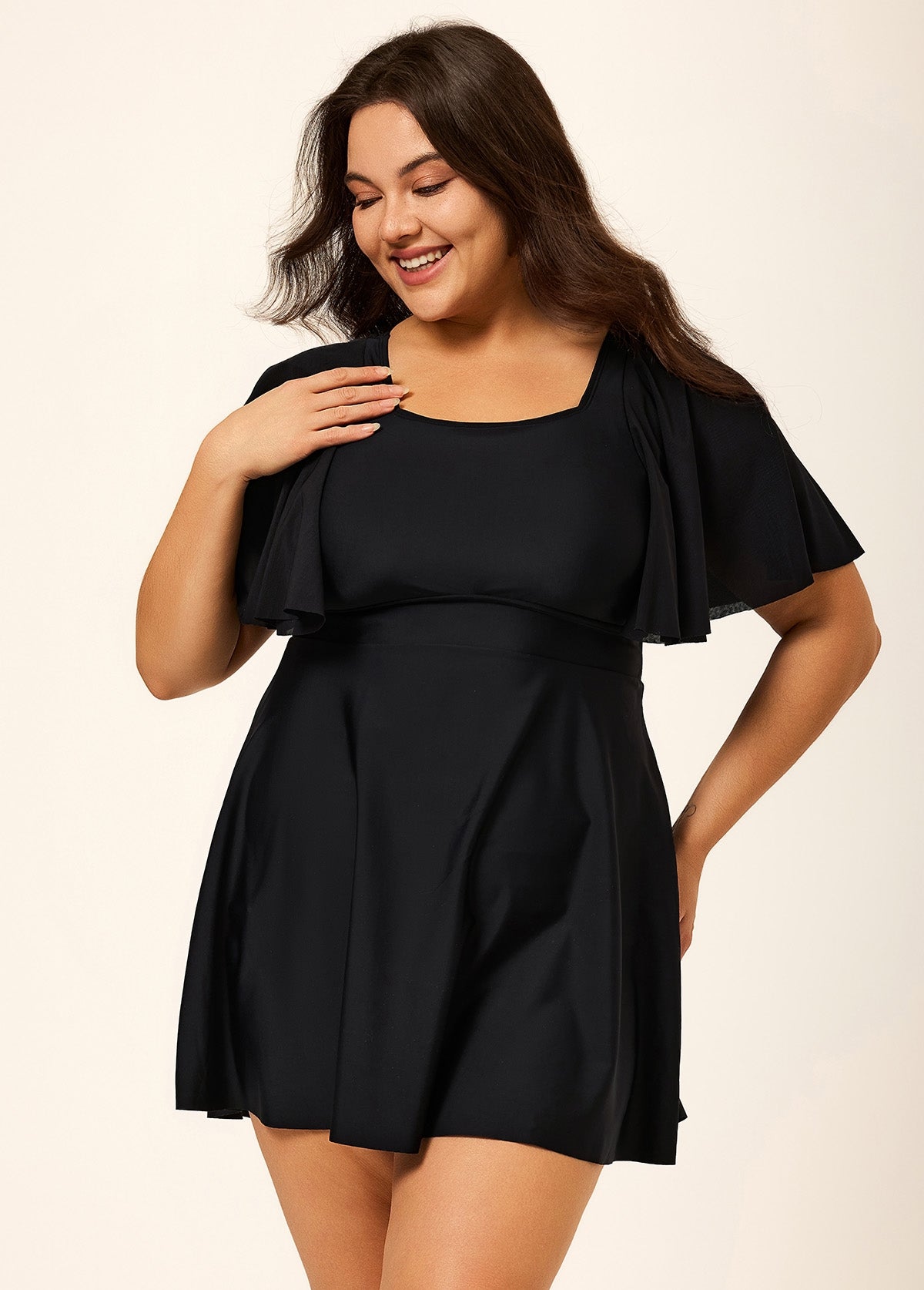 Black Ruffle Sleeves Square Neck Modest Plus Size Swimdress Swimsuit Top - Seldom Seen Styles