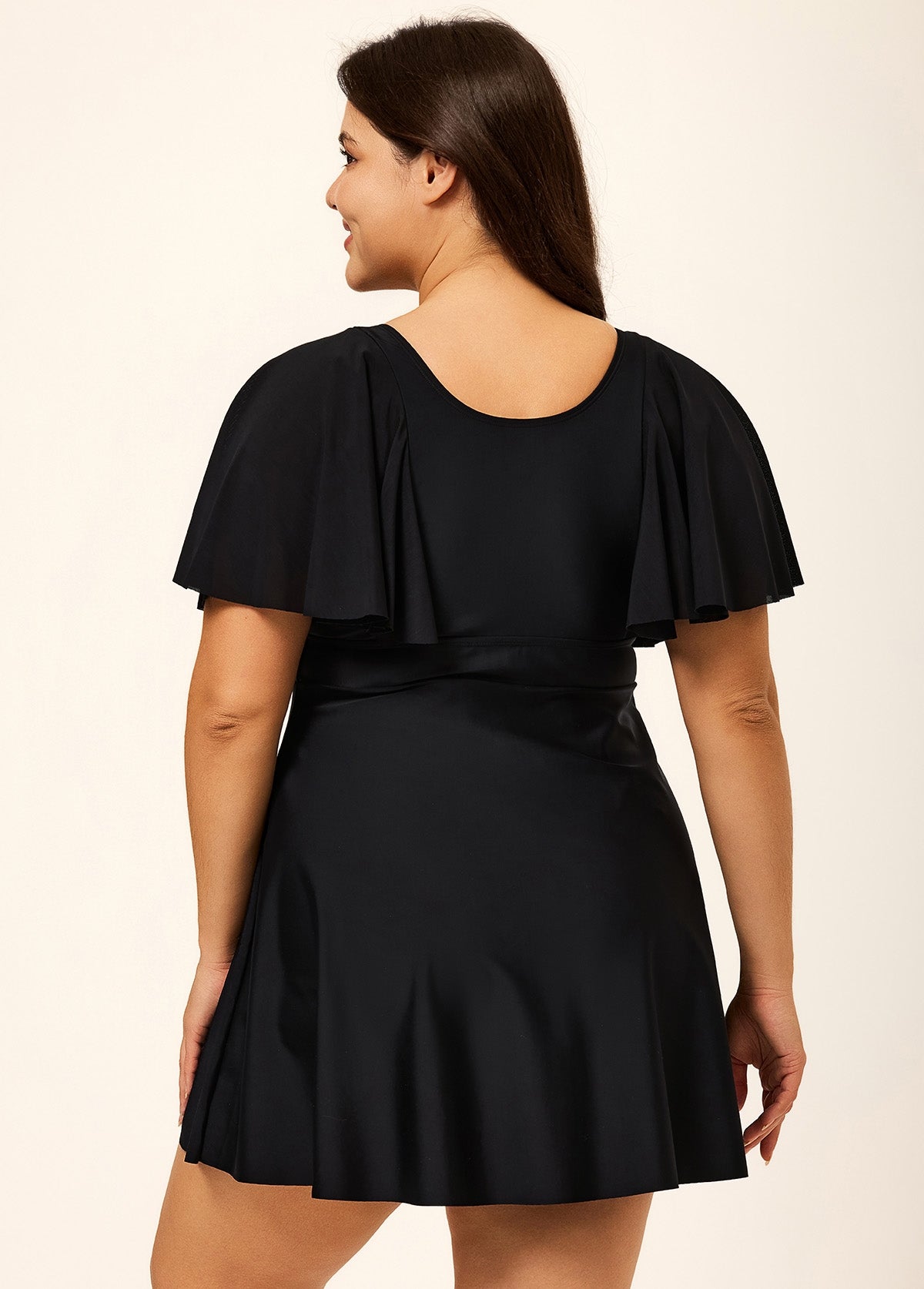 Black Ruffle Sleeves Square Neck Modest Plus Size Swimdress Swimsuit Top - Seldom Seen Styles