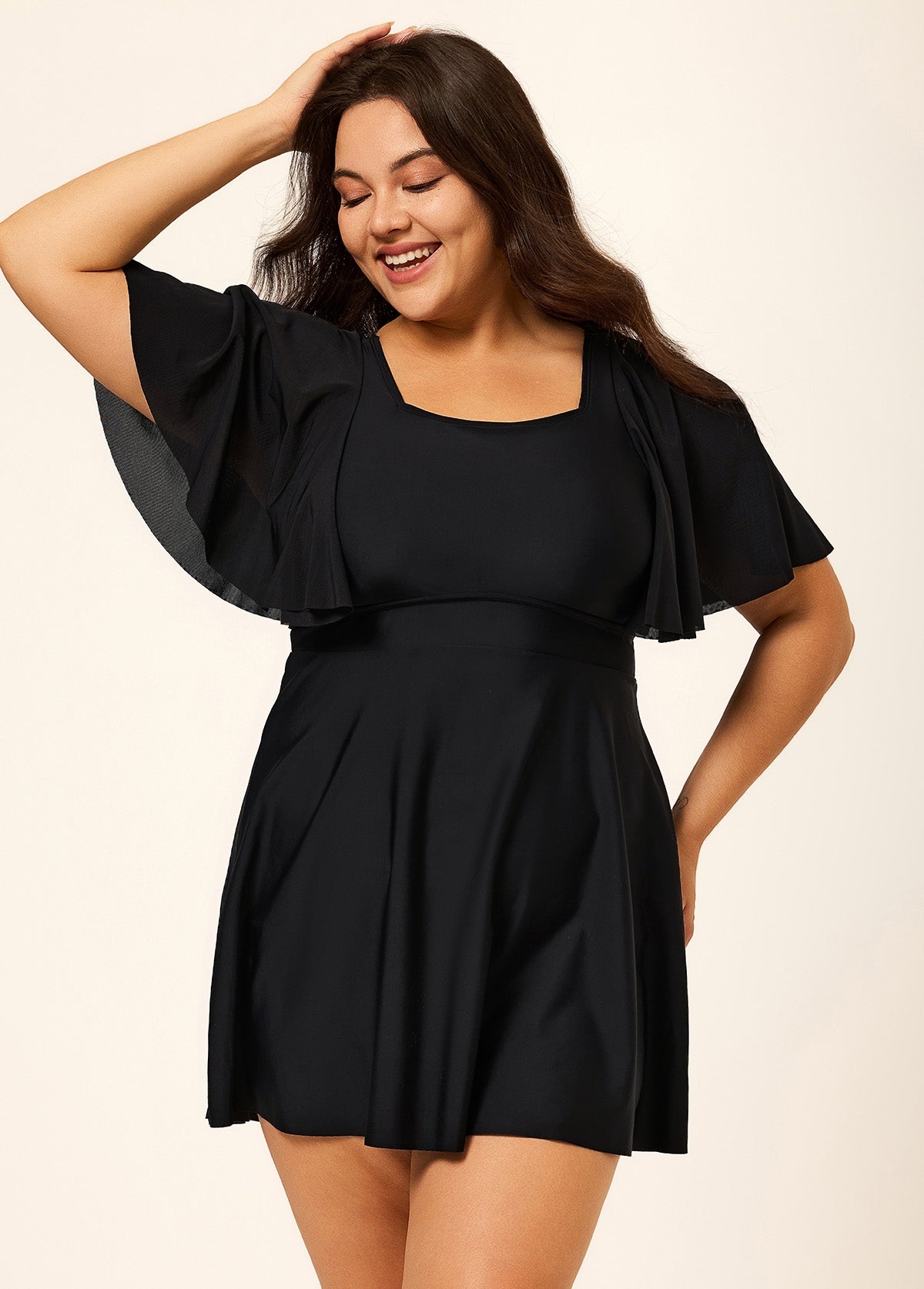 Black Ruffle Sleeves Square Neck Modest Plus Size Swimdress Swimsuit Top - Seldom Seen Styles