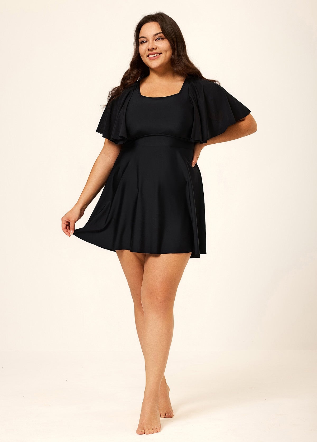 Black Ruffle Sleeves Square Neck Modest Plus Size Swimdress Swimsuit Top - Seldom Seen Styles