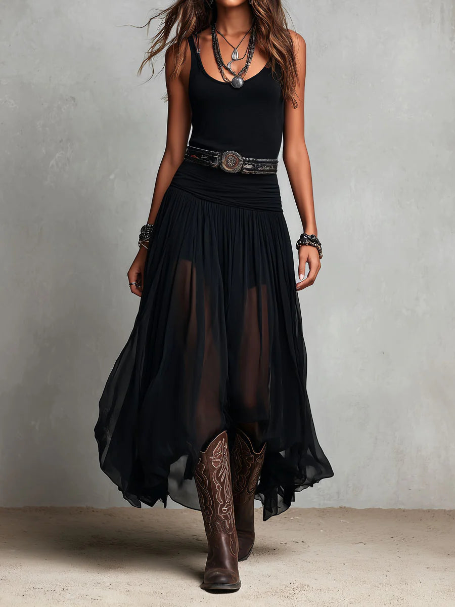 Black Sleeveless Tank Top With Tulle Skirt Maxi Dress(with belt) - Seldom Seen Styles