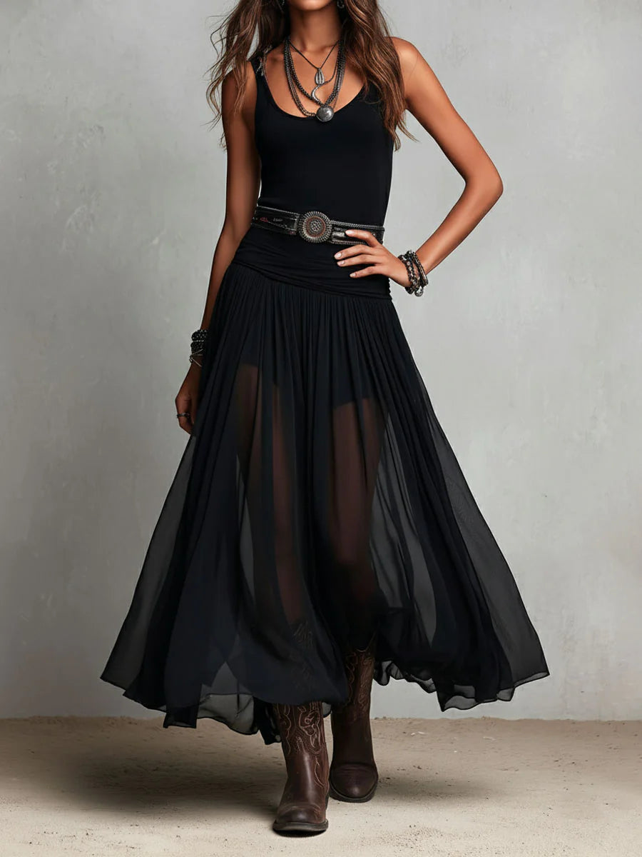 Black Sleeveless Tank Top With Tulle Skirt Maxi Dress(with belt) - Seldom Seen Styles