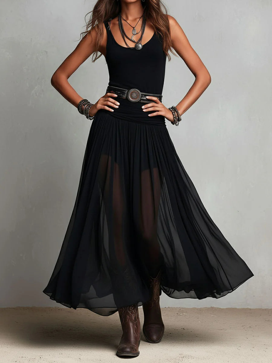 Black Sleeveless Tank Top With Tulle Skirt Maxi Dress(with belt) - Seldom Seen Styles