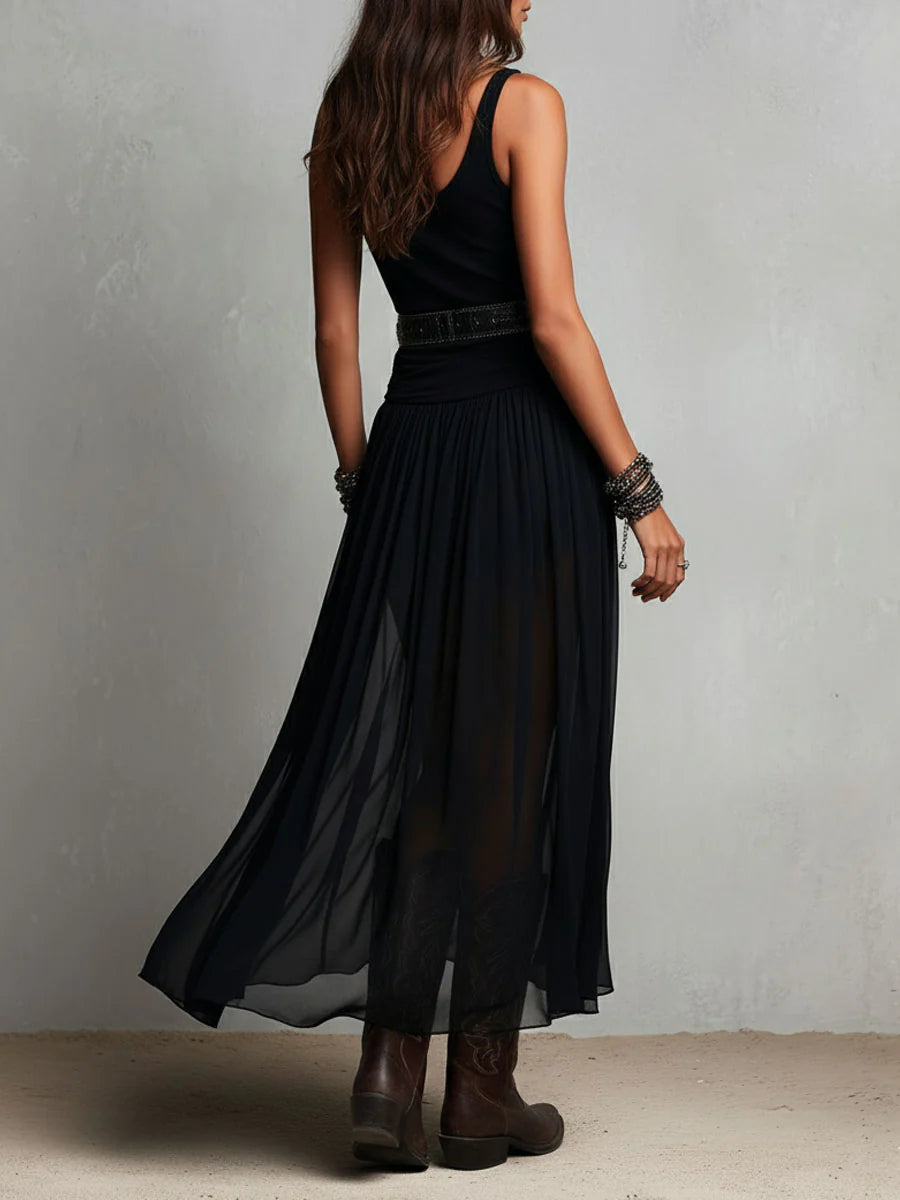 Black Sleeveless Tank Top With Tulle Skirt Maxi Dress(with belt) - Seldom Seen Styles