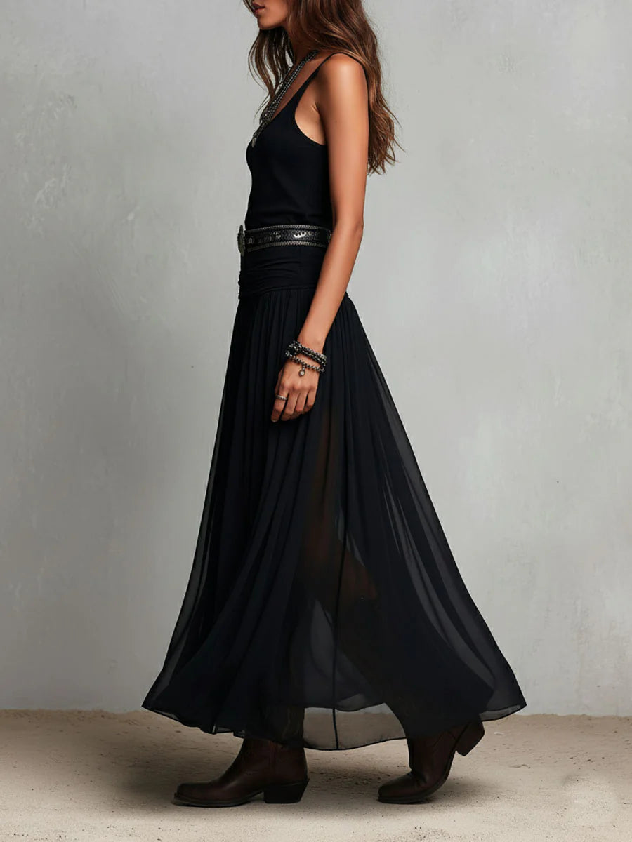 Black Sleeveless Tank Top With Tulle Skirt Maxi Dress(with belt) - Seldom Seen Styles
