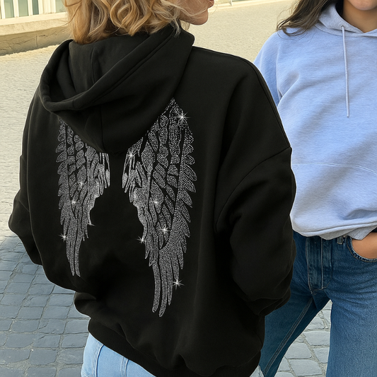Black and Silver Rhinestone Angel Wings Long Sleeve Hooded Zipper Sweater Black - Seldom Seen Styles