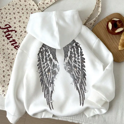 Black and Silver Rhinestone Angel Wings Long Sleeve Hooded Zipper Sweater Black