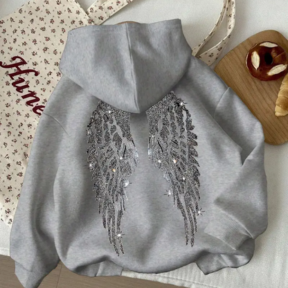 Black and Silver Rhinestone Angel Wings Long Sleeve Hooded Zipper Sweater Black