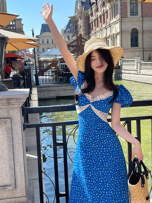 Blue Floral Puff Sleeve Midi Dress – Slim Fit Summer French Style Elegant Dress for Women - Seldom Seen Styles