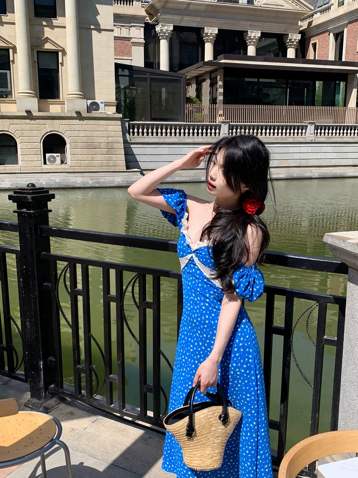 Blue Floral Puff Sleeve Midi Dress – Slim Fit Summer French Style Elegant Dress for Women - Seldom Seen Styles