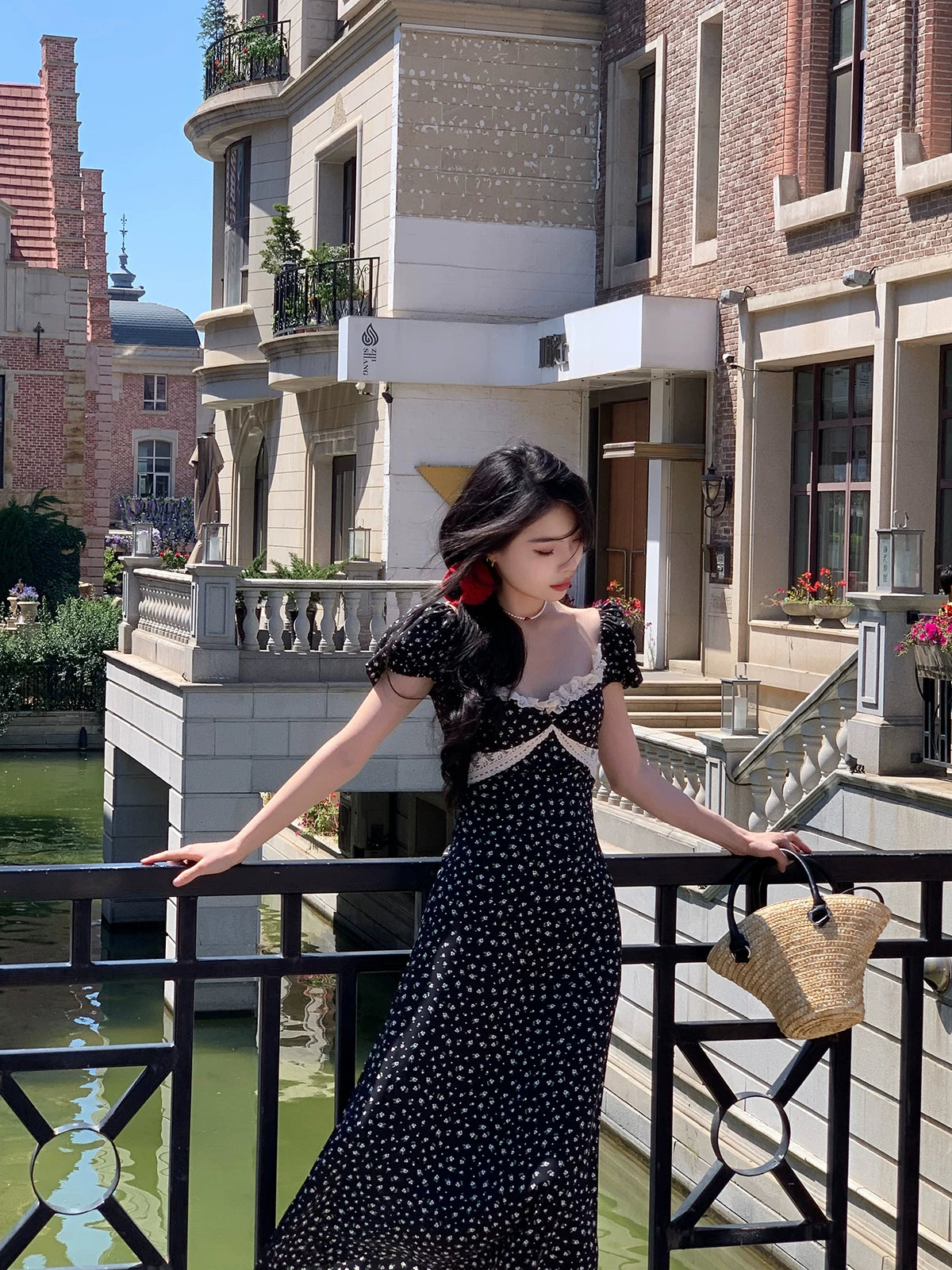 Blue Floral Puff Sleeve Midi Dress – Slim Fit Summer French Style Elegant Dress for Women - Seldom Seen Styles