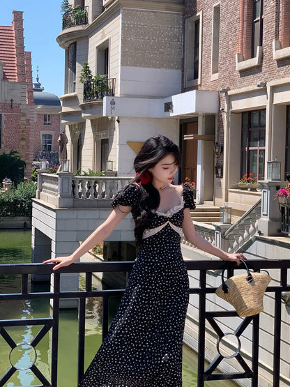 Blue Floral Puff Sleeve Midi Dress – Slim Fit Summer French Style Elegant Dress for Women