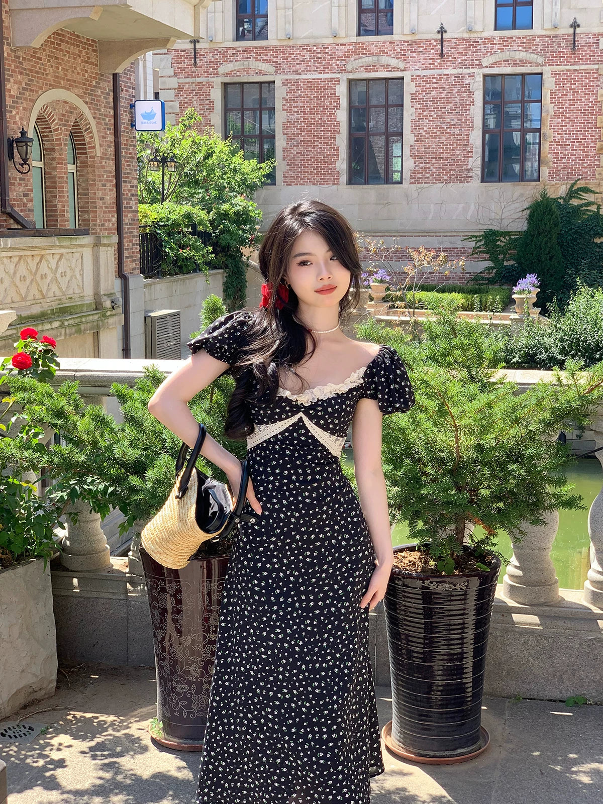 Blue Floral Puff Sleeve Midi Dress – Slim Fit Summer French Style Elegant Dress for Women - Seldom Seen Styles