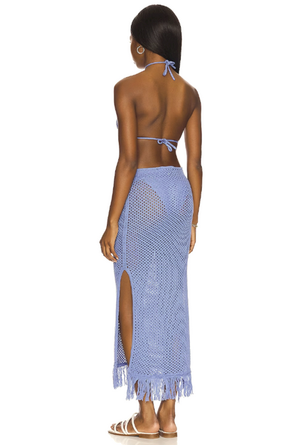 Robe longue en crochet avec franges en jean bleu