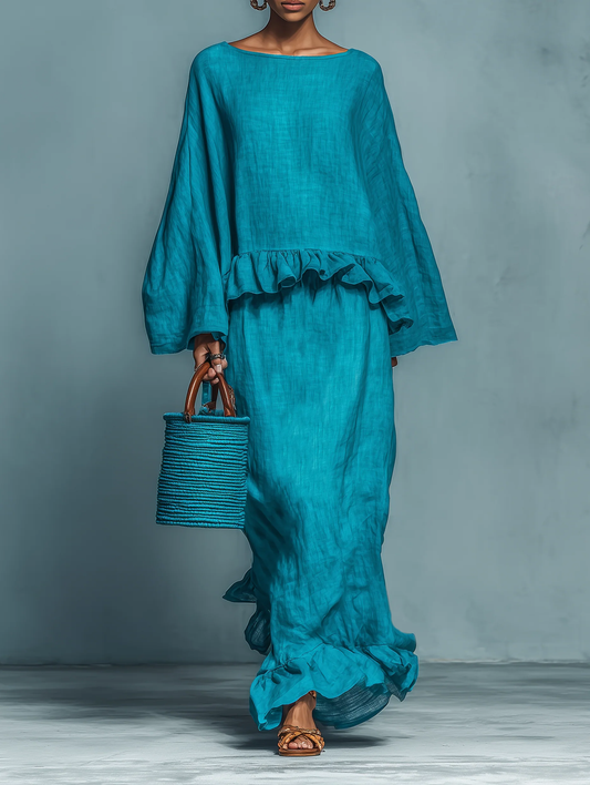 Blue Ruffled Blouse And Straight Skirt Suit - Seldom Seen Styles