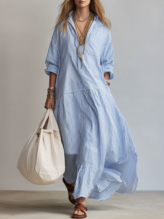Blue Stripe Relaxed Shirt Maxi Dress - Seldom Seen Styles