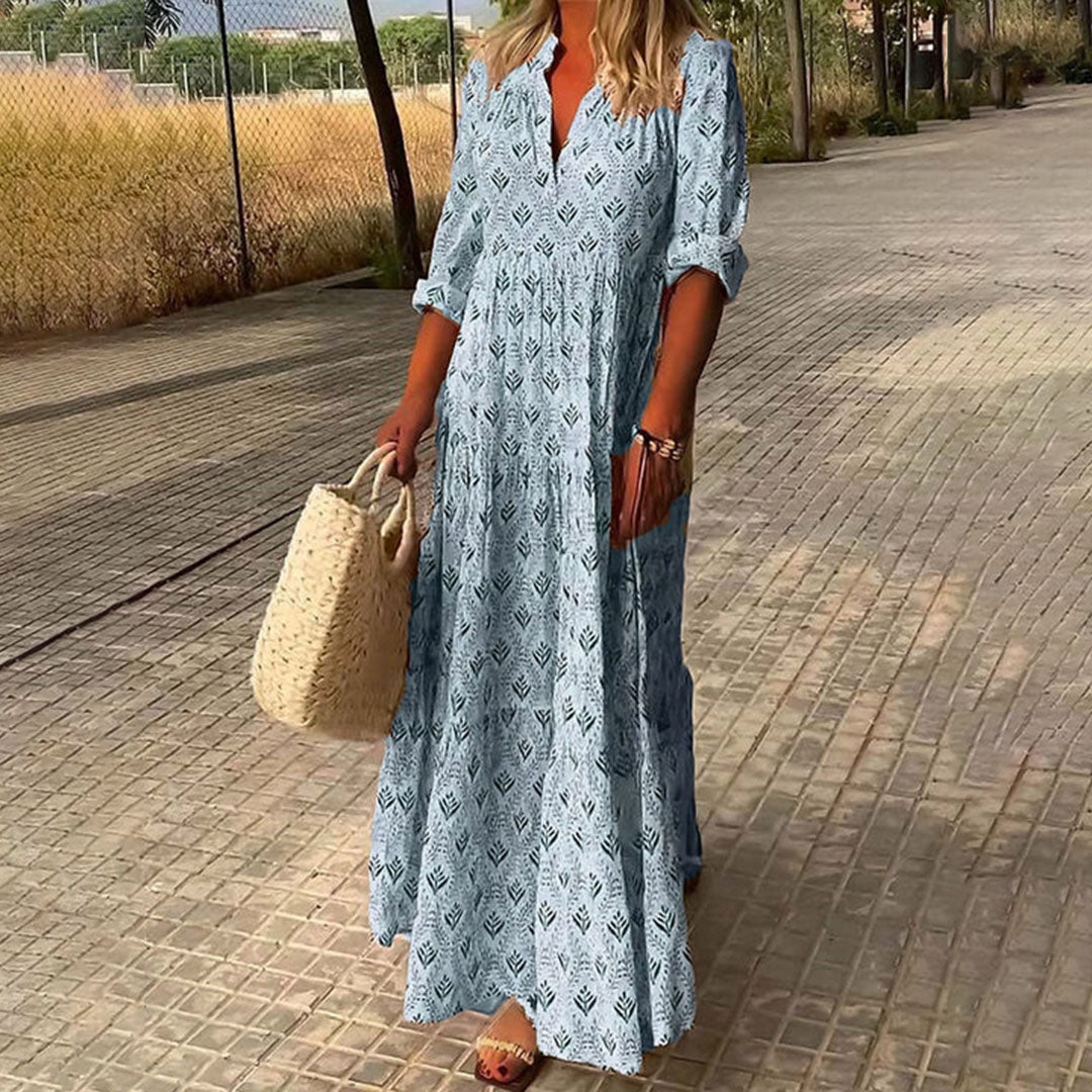Women's V-Neck Boho Print Maxi Dress - Loose Fit Straight Cut Long Sleeve Cotton Gown - Seldom Seen Styles