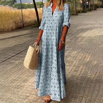 Damen Maxikleid mit V-Ausschnitt und Boho-Print – lockere Passform, gerader Schnitt, Langarm, Baumwolle