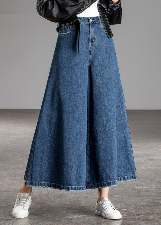 Bohemian Blue High Waist Pockets Wide Leg Fall Denim Pants - Seldom Seen Styles