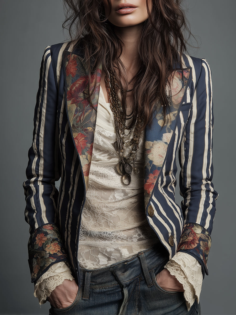 Bohemian Floral Print Cotton And Linen Striped Blazer - Seldom Seen Styles