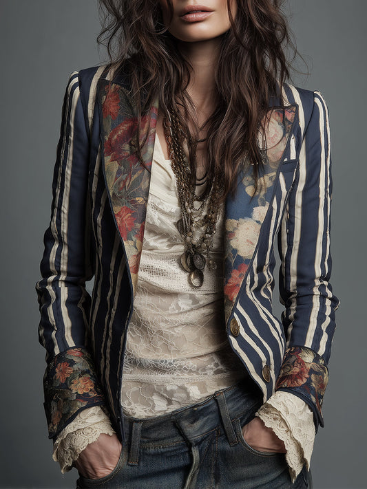 Bohemian Floral Print Cotton And Linen Striped Blazer - Seldom Seen Styles