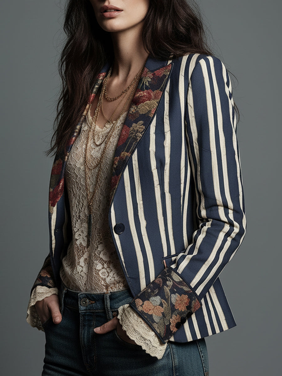 Bohemian Floral Print Cotton And Linen Striped Blazer - Seldom Seen Styles