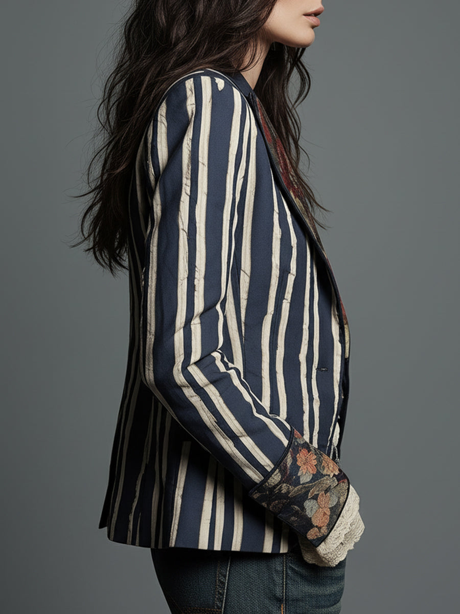 Bohemian Floral Print Cotton And Linen Striped Blazer - Seldom Seen Styles