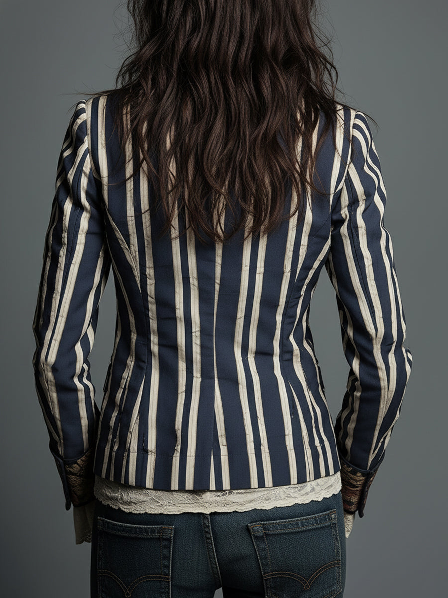 Bohemian Floral Print Cotton And Linen Striped Blazer - Seldom Seen Styles