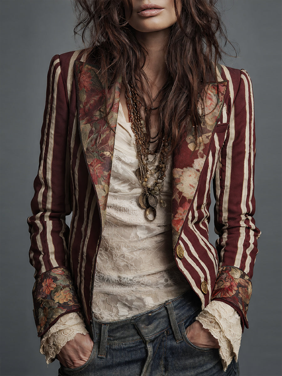 Bohemian Floral Print Cotton And Linen Striped Blazer - Seldom Seen Styles
