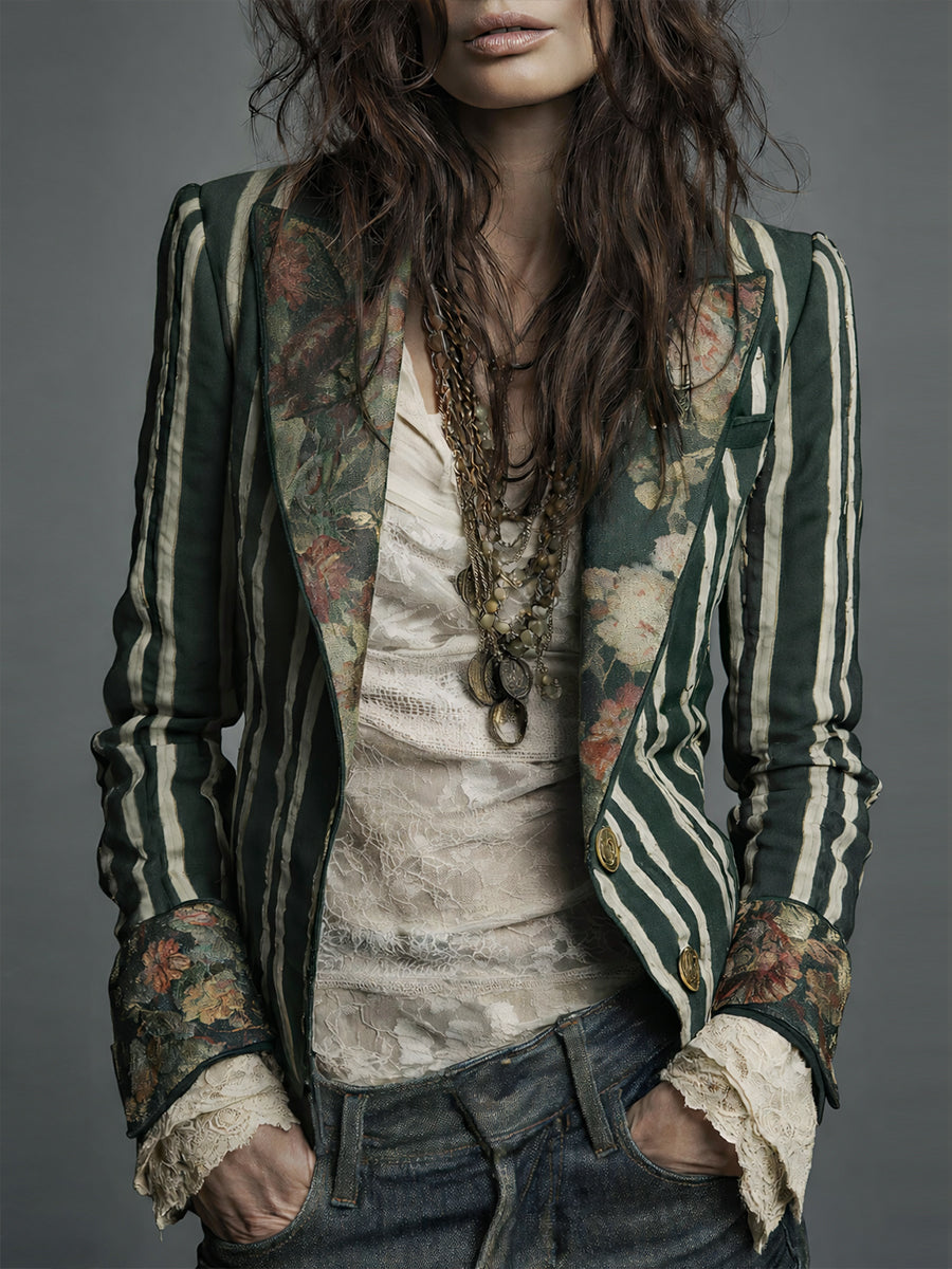 Bohemian Floral Print Cotton And Linen Striped Blazer - Seldom Seen Styles