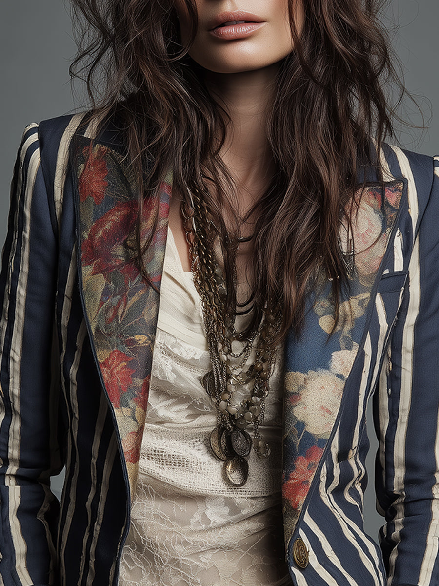 Bohemian Floral Print Cotton And Linen Striped Blazer - Seldom Seen Styles