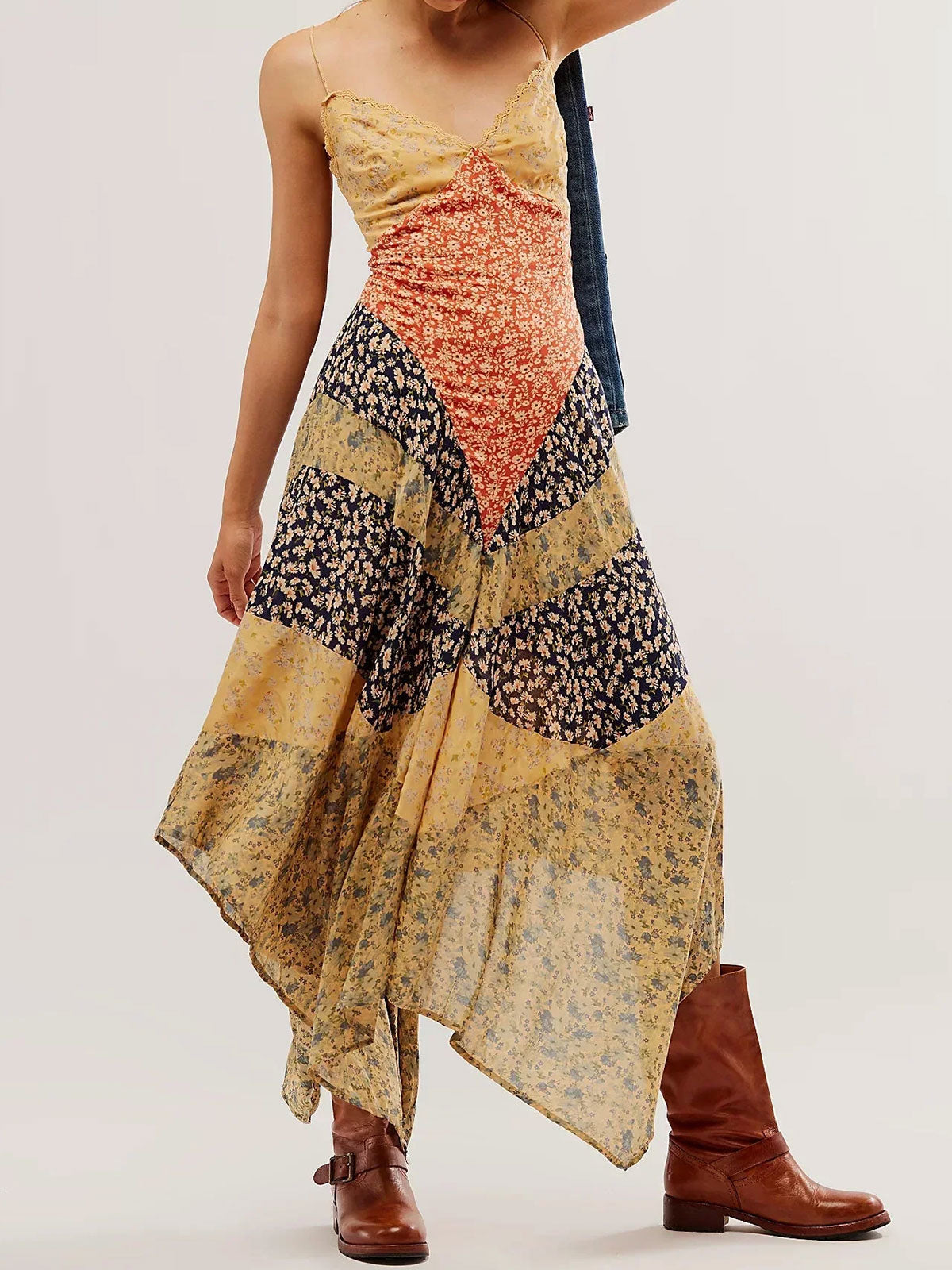 Boho Chic V Neck Tie Back Resort Floral Patchwork Slip Maxi Dress - Seldom Seen Styles