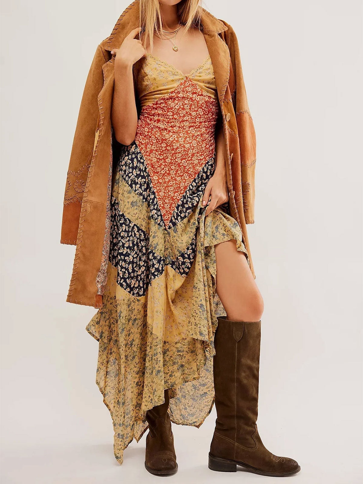Boho Chic V Neck Tie Back Resort Floral Patchwork Slip Maxi Dress - Seldom Seen Styles