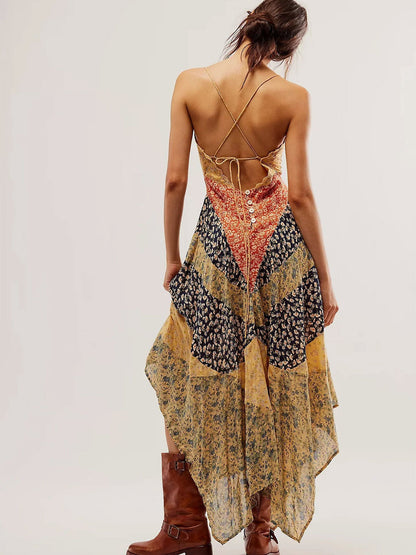 Boho Chic V Neck Tie Back Resort Floral Patchwork Slip Maxi Dress