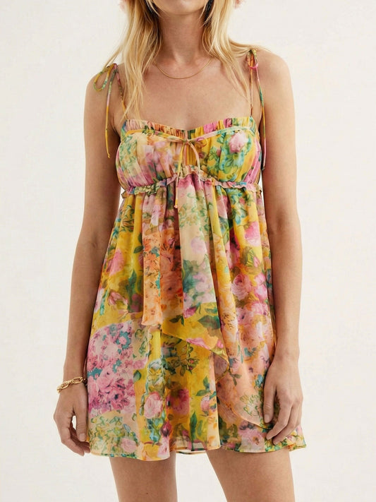 Boho Floral Tie Shoulder Resort Chiffon Babydoll Micro Mini Dress - Seldom Seen Styles