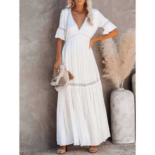 Boho Lace High Waist V-Neck Ruffle Sleeve Maxi Dress - Seldom Seen Styles