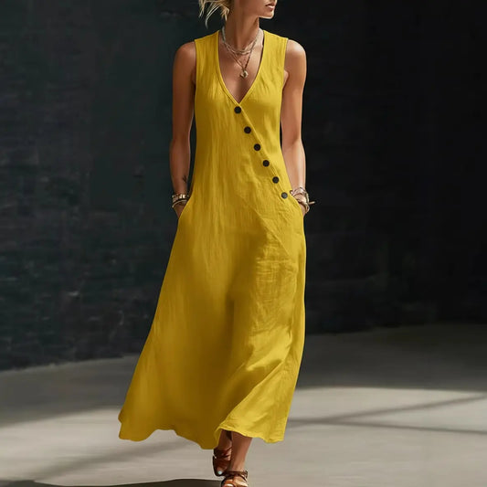 Boho Maxi Dress - Perfect for Beach, Vacation & Brunch! Sleeveless V-Neck Button Detail Casual Dress with Pockets # SleevelessDress # CasualDress # SummerDress # BohoFashion # VNeckDress # DressesForWomen # Outfit of the Day - Seldom Seen Styles