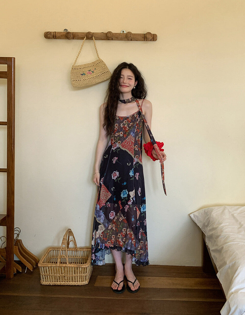 Boho Patchwork Floral Leopard Print Spaghetti Strap Maxi Dress with Matching Neck Scarf Included Ruffle Hem - Seldom Seen Styles