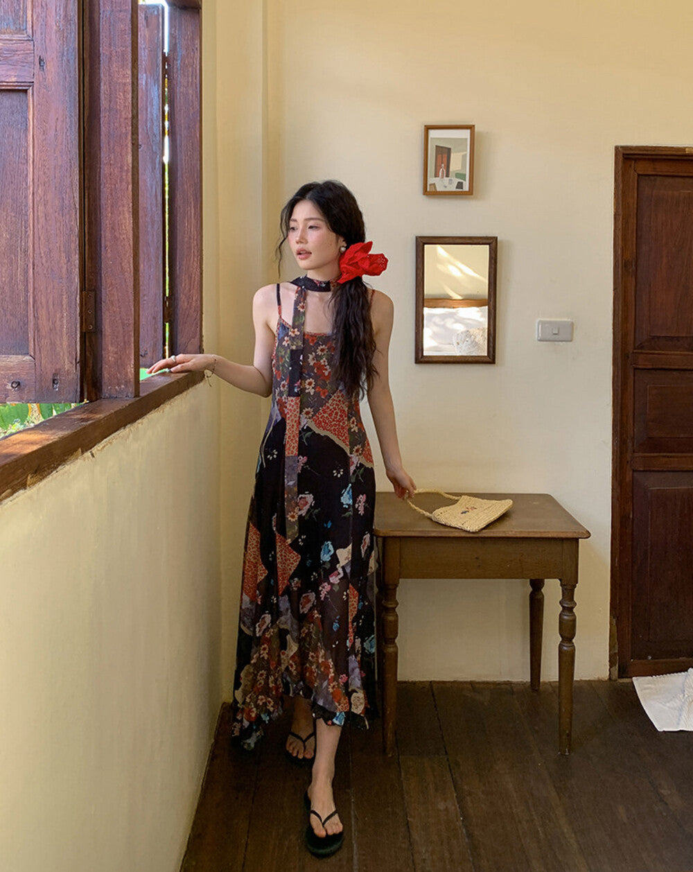 Boho Patchwork Floral Leopard Print Spaghetti Strap Maxi Dress with Matching Neck Scarf Included Ruffle Hem - Seldom Seen Styles