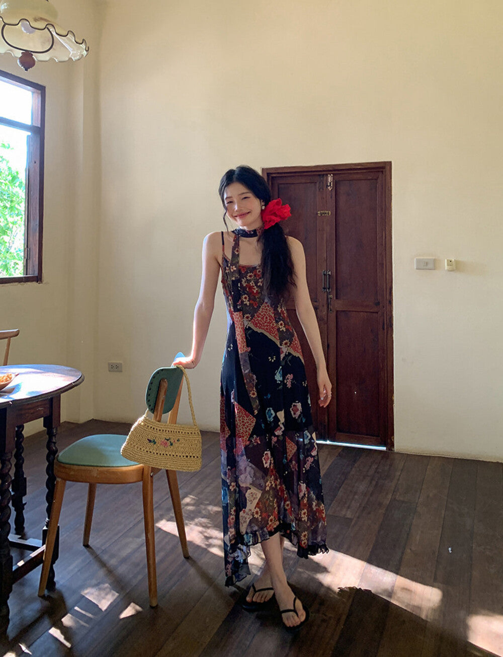 Boho Patchwork Floral Leopard Print Spaghetti Strap Maxi Dress with Matching Neck Scarf Included Ruffle Hem - Seldom Seen Styles