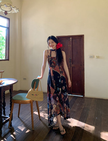 Boho Patchwork Floral Leopard Print Spaghetti Strap Maxi Dress with Matching Neck Scarf Included Ruffle Hem