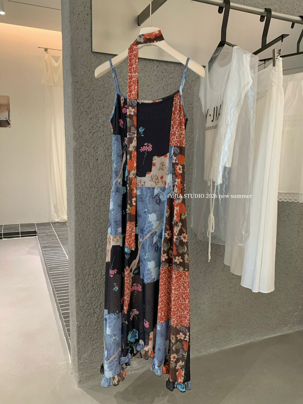 Boho Patchwork Floral Leopard Print Spaghetti Strap Maxi Dress with Matching Neck Scarf Included Ruffle Hem - Seldom Seen Styles