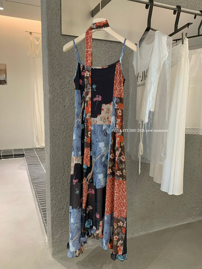 Boho Patchwork Floral Leopard Print Spaghetti Strap Maxi Dress with Matching Neck Scarf Included Ruffle Hem