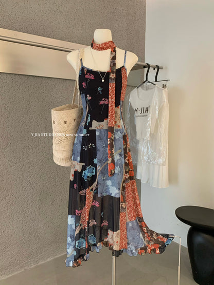 Boho Patchwork Floral Leopard Print Spaghetti Strap Maxi Dress with Matching Neck Scarf Included Ruffle Hem
