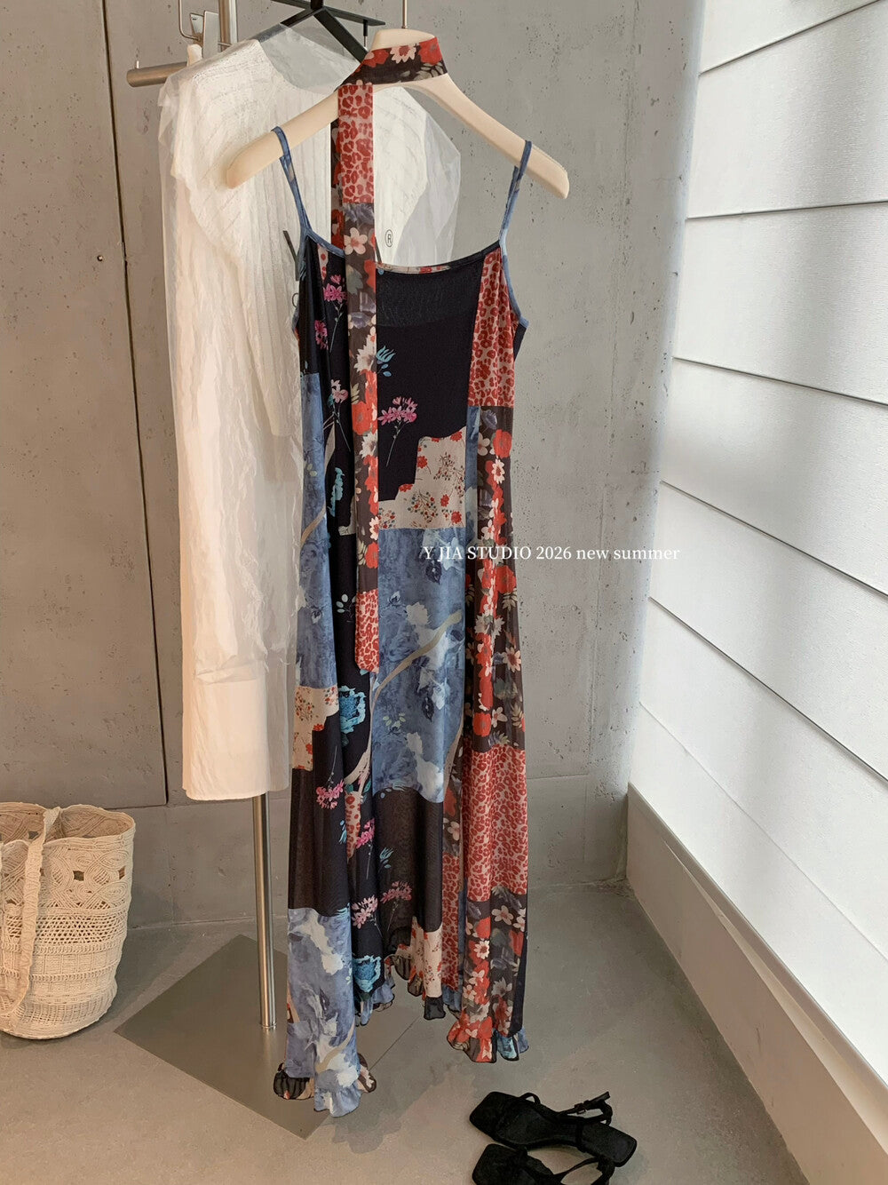 Boho Patchwork Floral Leopard Print Spaghetti Strap Maxi Dress with Matching Neck Scarf Included Ruffle Hem - Seldom Seen Styles