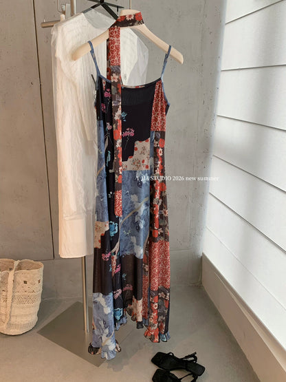 Boho Patchwork Floral Leopard Print Spaghetti Strap Maxi Dress with Matching Neck Scarf Included Ruffle Hem