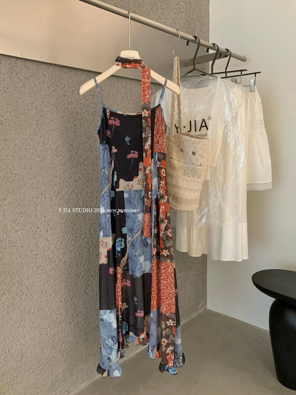 Boho Patchwork Floral Leopard Print Spaghetti Strap Maxi Dress with Matching Neck Scarf Included Ruffle Hem - Seldom Seen Styles