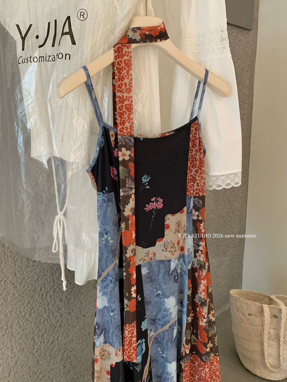 Boho Patchwork Floral Leopard Print Spaghetti Strap Maxi Dress with Matching Neck Scarf Included Ruffle Hem - Seldom Seen Styles