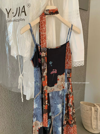 Boho Patchwork Floral Leopard Print Spaghetti Strap Maxi Dress with Matching Neck Scarf Included Ruffle Hem